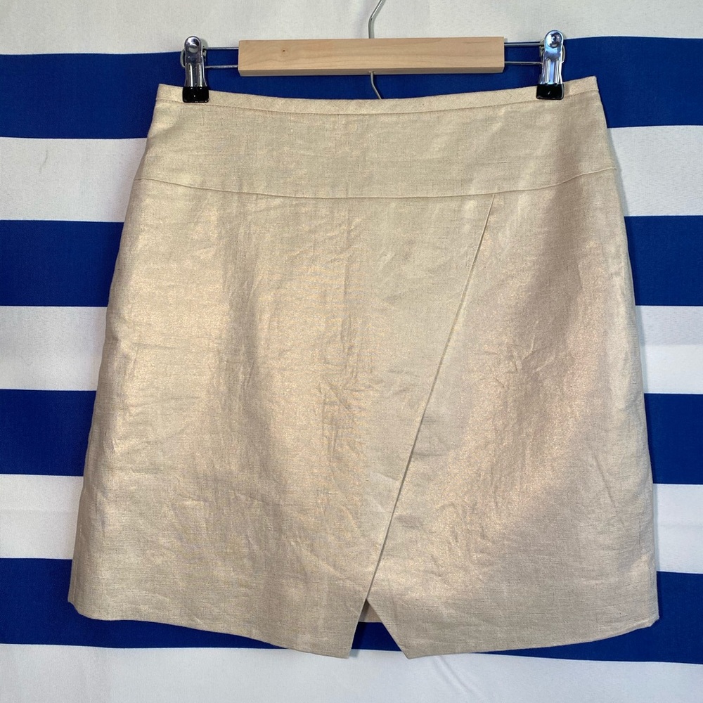J CREW Mini Wrap Gold Metallic Linen Skirt, Size 4